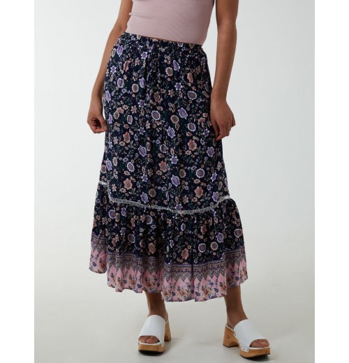 Elasticated Waistband Tiered Midi Skirt