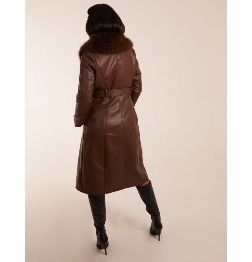 Longline Leather Look Faux Fur Coat