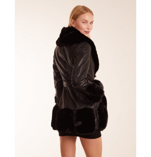 Faux Fur Collar PU Belted Coat